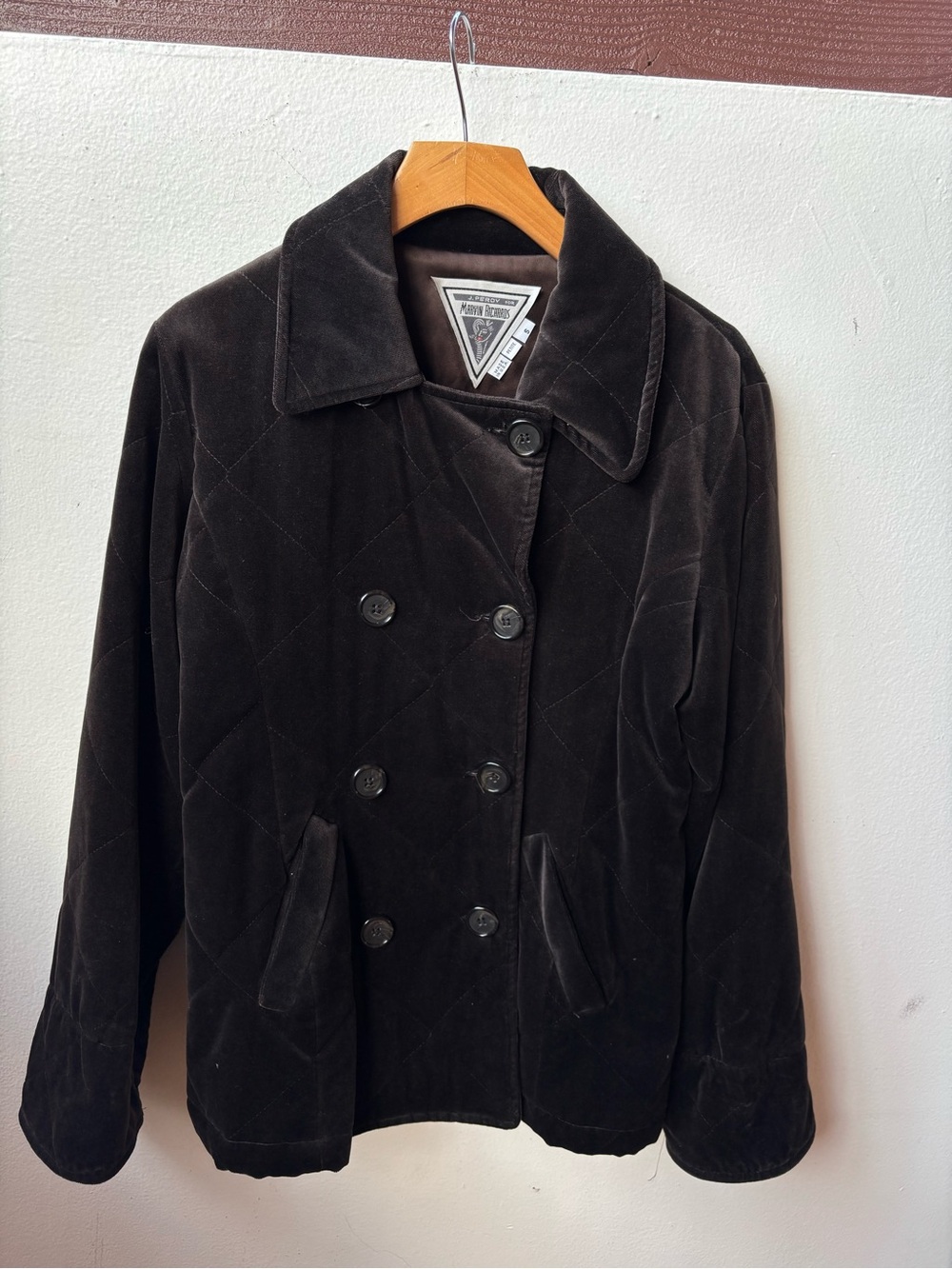 Marvin Richard’s Quilted Velvet Double-Breasted Jacket in Dark Brown